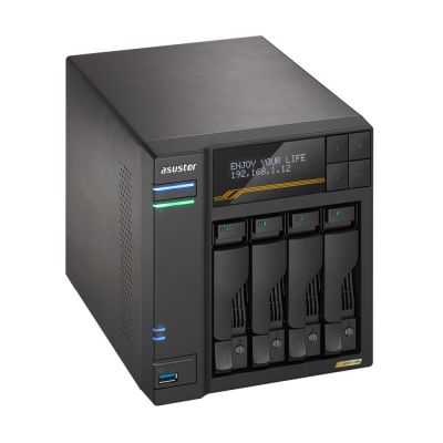 5. NAS Asustor AS6804T; Tower; 4x (3,5" SATA HDD/ 2,5" SSD); AMD Ryzen Embedded V3C14; 16 GB ECC DDR5 SODIMM (max. 64 GB), 2x 10GbE, 2x 5GbE, 4x M.2 2280 NVMe PCIe 4.0, 2x USB 4.0, 2x USB 3.2 Gen, 1x optionale 10GbE-Karte