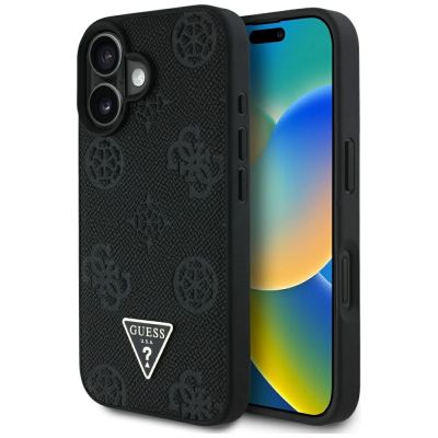 Guess Grained Hot Stamp Peony Triangle Logo MagSafe Case für iPhone 16 - Schwarz