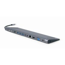 GEMBIRD MULTI-ADAPTER USB TYP-C 9IN1 (USB-HUB + HDMI + VGA + PD + KARTENLESER + LAN + 3,5-MM-AUDIO) FARBE GRAU