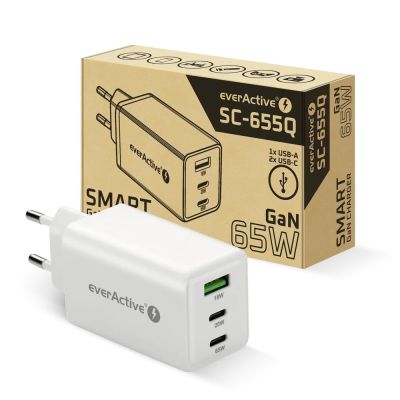 7. EVERACTIVE GAN Wandladegerät 1 x USB, 2 x USB-C Schnellladefunktion 4+ 65W Weiß SC-655Q