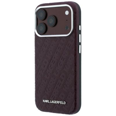 2. Karl Lagerfeld MagSafe-Schutzhülle aus Metall mit genarbtem Allover-Logo für iPhone 17 Pro / 18 Pro Max – Burgunderrot