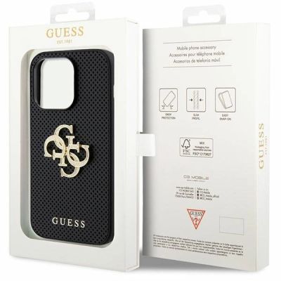 8. Guess Lederhülle mit perforiertem 4G-Glitzer-Logo für iPhone 15 Pro – Schwarz
