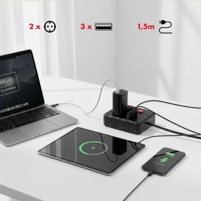 8. MACLEAN Steckdosenleiste, Verlängerungskabel mit 2 Steckdosen + 3 USB-Anschlüssen, 110–240 V Wechselstrom, 50/60 Hz, max. 2,1 A, 2500 W, 1,5 m, Schwarz, MCE387 B