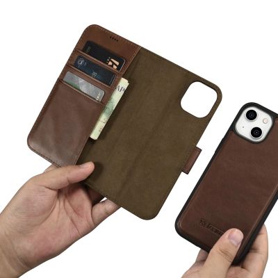 12. iCarer Oil Wax Wallet Case 2in1 Cover iPhone 14 Plus Anti-RFID Leder Flip Case Braun (WMI14220723-BN)