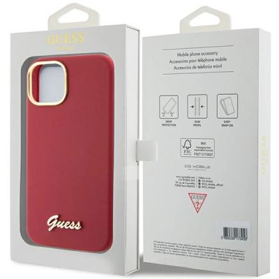 8. Guess Silikon Script Metal Logo & Frame Hülle für iPhone 15 – Rot