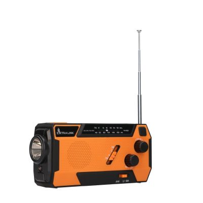 9. Extralink Solar-Notfallradio mit Kurbeldynamo-Powerbank (4000 mAh) und SOS-Taschenlampe SR-4000, tragbar, analog, Schwarz/Orange