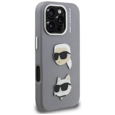 4. Karl Lagerfeld FW Grained Karl & Choupette Heads Pins Hülle für iPhone 16 Pro - Grau