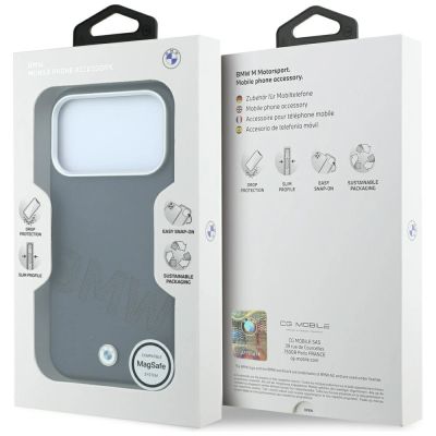 8. BMW-Logo mit schrägen Prägebuchstaben, MagSafe-Hülle für iPhone 17 Pro Max / 18 Pro Max – Grau