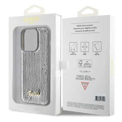 8. Guess Pailletten-Schriftzug-Metallgehäuse für iPhone 15 Pro – Silber