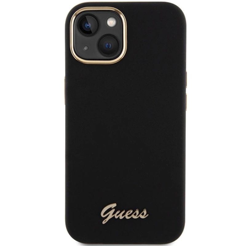 3. Guess Silikon Script Metal Logo & Frame Hülle für iPhone 15 – Schwarz