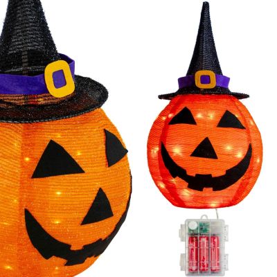 6. Dekorativer Kürbis mit Hut, 68 cm, Halloween, 30 LEDs
