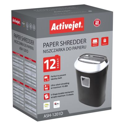 2. Activejet ASH-1201D Aktenvernichter, P-3, 25 l, 5x38 mm Schnipsel, 12 Blatt, schwarz und silber.