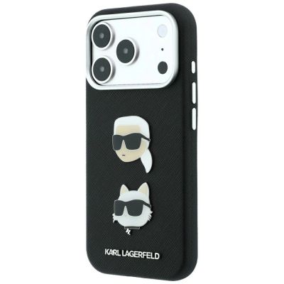 2. Karl Lagerfeld Saffiano-Hülle mit Karl & Choupette-Kopf-Pins und Logo für iPhone 18 Pro / 17 Pro – Schwarz