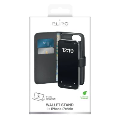 10. Puro Booklet Hülle mit Klappdeckel und Brieftasche für iPhone 16e/17e – Schwarz