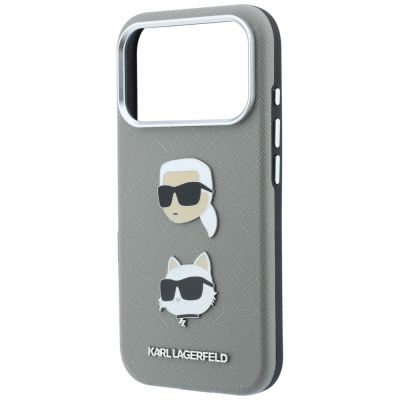 6. Karl Lagerfeld Saffiano Hülle mit Karl & Choupette Köpfen Pins & Logo für iPhone 18 Pro Max / 17 Pro Max - Grau