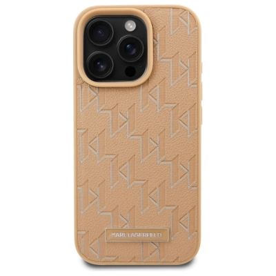 3. Karl Lagerfeld Leder-Monogramm-Metalllogo-MagSafe-Hülle für iPhone 16 Pro – Beige