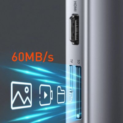 22. Baseus Metal Gleam 11in1 multifunktionaler USB Type C HUB - 3x USB 3.2 Gen 1 5Gbps / USB Type C PD 100W / 3,5 mm Miniklinke AUX / VGA Full HD 60Hz / 2x HDMI 4K 30Hz / TF- und SD-Kartenleser / RJ45 1Gbps grau (CAHUB -CT0G)