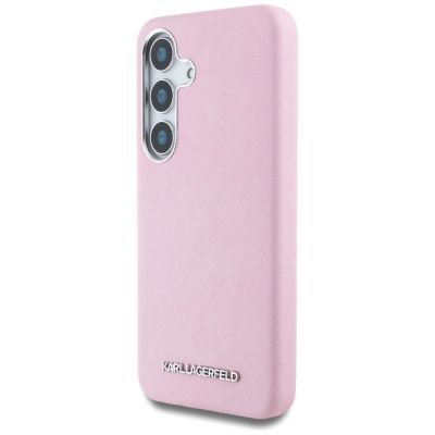 2. Karl Lagerfeld Saffiano Vollumwickelte MagSafe Hülle mit länglichem Metalllogo für Samsung Galaxy S25 - Rosa