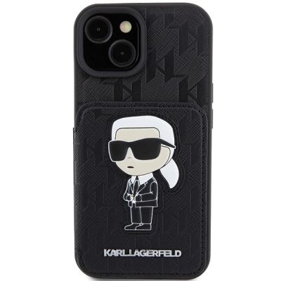 3. Karl Lagerfeld Saffiano Cardslots and Stand Monogram Ikonik Patch Hülle für iPhone 15 – Schwarz