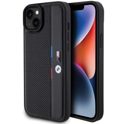 BMW Perforierte Tricolor Line Hülle für iPhone 15 Plus / 14 Plus – Schwarz
