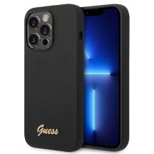 Guess Silikon Vintage Gold Logo iPhone 14 Pro Hülle - Schwarz
