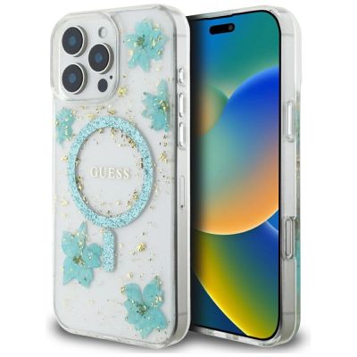 Guess Resin Flowers Glitter MagSafe iPhone 16 Pro Hülle - Transparent Grün