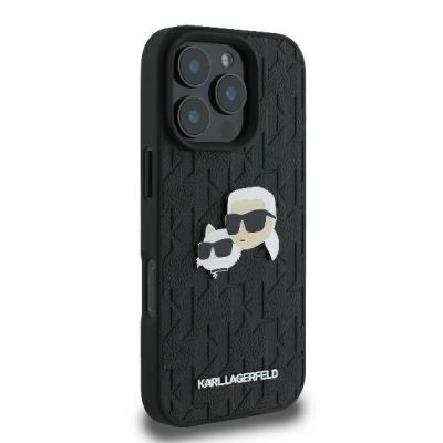 4. Karl Lagerfeld Monogram Karl & Choupette Head Pin Hülle für iPhone 16 Pro – Schwarz