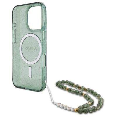 6. Guess IML Glitter MagSafe Hülle mit Perlenriemen für iPhone 16 Pro Max – grün