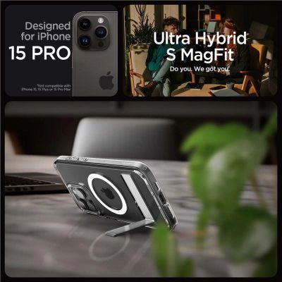 11. Spigen Ultra Hybrid S MagSafe Hülle mit Ständer für iPhone 15 Pro – transparent