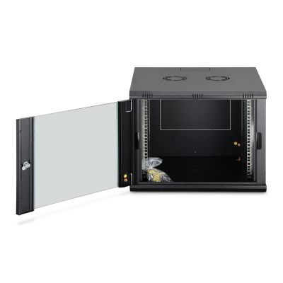 5. DYNAmic 19" 9U Rack 600x600 Wandmontage-Netzwerkschrank, Glastür, schwarz, ungeteilt, montiert, 60 kg