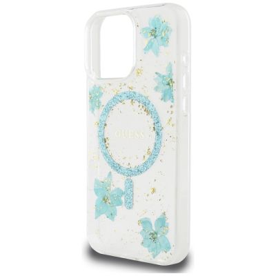 6. Guess Resin Flowers Glitter MagSafe iPhone 16 Pro Hülle - Transparent Grün