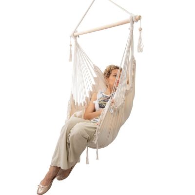 4. Brasilianischer Hängemattensessel Miami mit Fransen, 130 x 100 cm + 2 Kissen, 40 x 40 cm, Beige