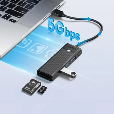 3. Orico PAPW3AT-U3 USB-Hub mit 4 Anschlüssen (3x USB-A 3.0) und microSD/SD-Kartenleser, 1 m Kabellänge – Schwarz