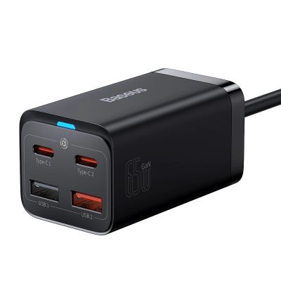 2. Baseus GaN3 Pro Schnellladegerät GaN 2 x USB Typ C / 2 x USB 65W PD, QC4.0+, AFC, PPS + Kabel USB Typ C - USB Typ C 1m schwarz (CCGP040101)