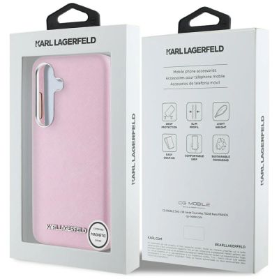 8. Karl Lagerfeld Saffiano Vollumwickelte MagSafe Hülle mit länglichem Metalllogo für Samsung Galaxy S25 - Rosa