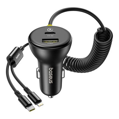 4. Baseus Circular 60W USB-A + USB-C Autoladegerät mit integriertem Lightning + USB-C Kabel 1,4m - Schwarz