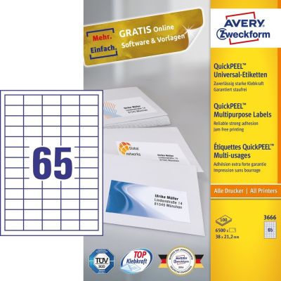 Avery 3666 Selbstklebende Etiketten Rechteckig Permanent Weiß 6500 Stück.