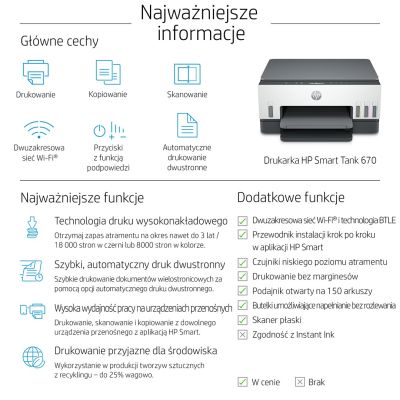 12. HP Smart Tank 670 Kabelloser Multifunktions-Farbdrucker, Duplexdruck; Kopieren, Scannen