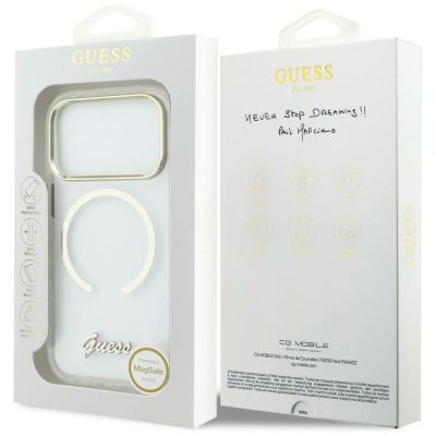 8. Guess IML Script Metal MagSafe Hülle für iPhone 17 Pro Max – Transparent
