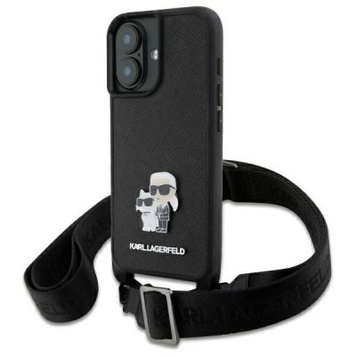 Karl Lagerfeld Saffiano Karl&Choupette Metal Pin CBDY Strap Case für iPhone 16 – Schwarz