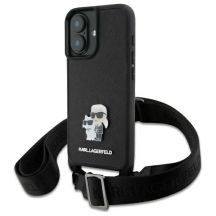 Karl Lagerfeld Saffiano Karl&Choupette Metal Pin CBDY Strap Case für iPhone 16 – Schwarz
