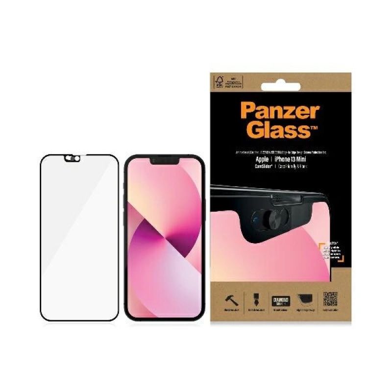 PanzerGlass E2E Mikrofrakturiertes gehärtetes Glas für iPhone 13 Mini CamSlider Hüllenkompatibel, antibakteriell – Schwarz