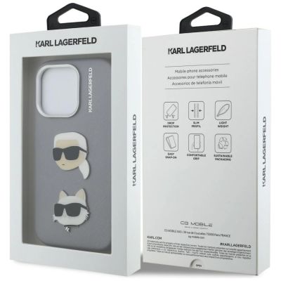 8. Karl Lagerfeld FW Grained Karl & Choupette Heads Pins Hülle für iPhone 16 Pro Max - Grau