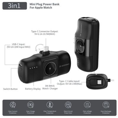 16. Wozinsky WF16-YCS 5000 mAh 15 W USB-C Mini-Powerbank mit integriertem USB-C-Kabel und Apple Watch Ladegerät – Schwarz