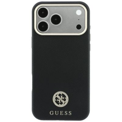 3. Guess MagSafe Hülle mit genarbtem, rundem Strass-Logo für iPhone 18 Pro Max / 17 Pro Max – Schwarz
