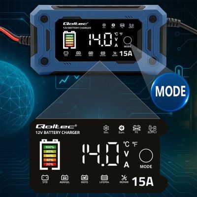 4. QOLTEC Ladegerät 12V 15A | Gleichrichter für AGM-, Gel- und LiFePO4-Akkus | LCD