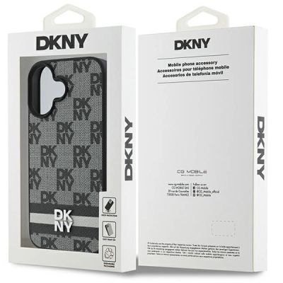 8. DKNY iPhone 16 Hülle mit Karomuster und bedruckten Streifen – Schwarz