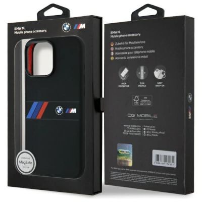 8. BMW Silikonhülle mit Mittelstreifen und MagSafe-Design für iPhone 16 Pro Max – Schwarz