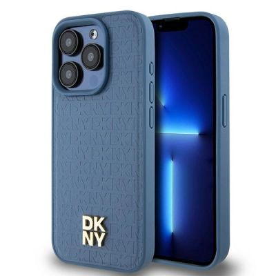 DKNY MagSafe-Hülle aus Leder mit Monogrammmuster und Metalllogo für iPhone 15 Pro – Blau