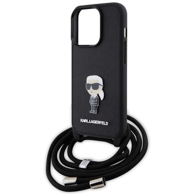 5. Karl Lagerfeld Umhängetasche mit Saffiano-Monogramm und Metallnadel, Karl & Choupette-Hülle für iPhone 15 Pro – Schwarz